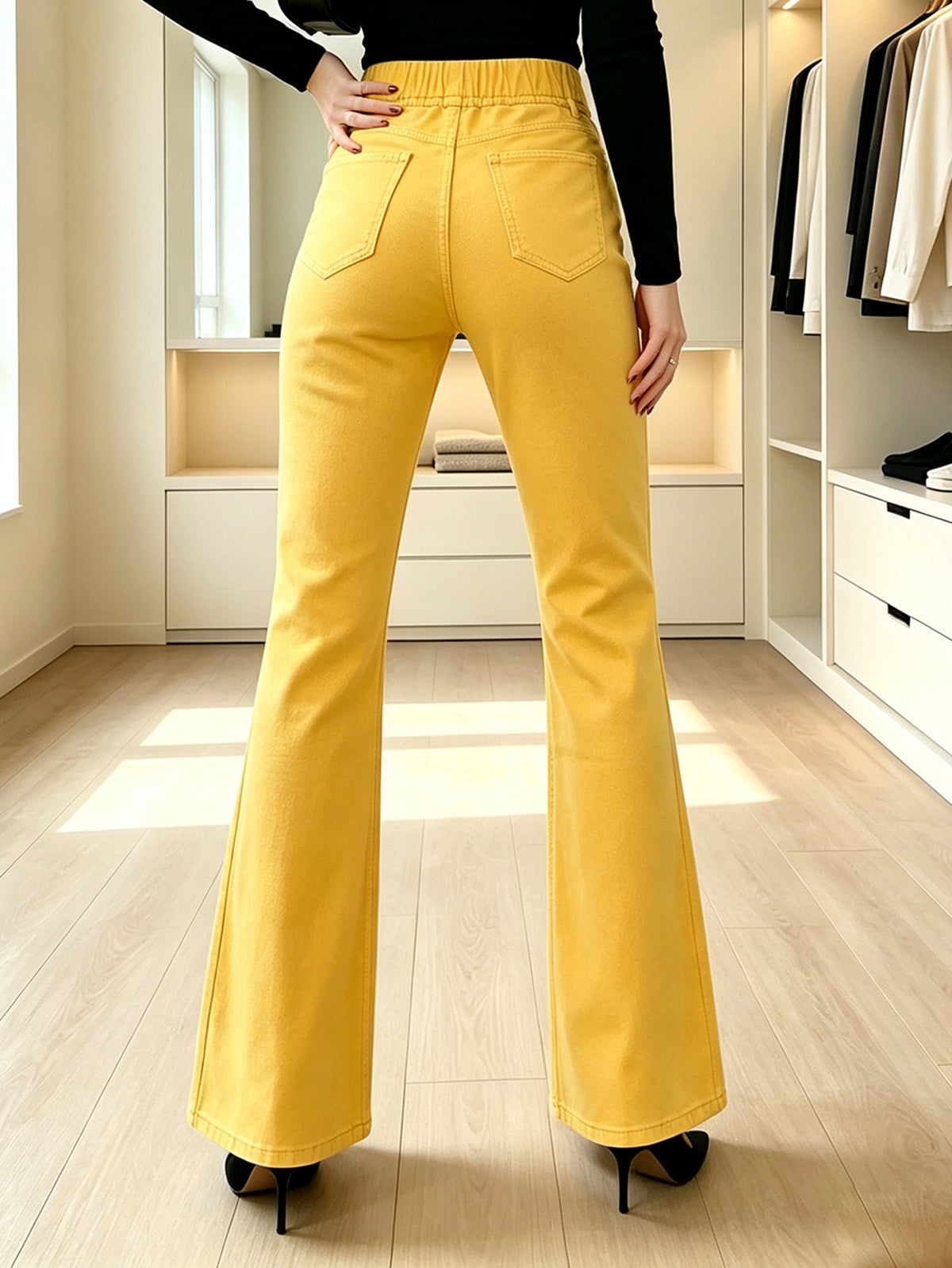 High Waist Drawstring Flare Pants for Women, Solid Yellow Bell Bottom Trousers