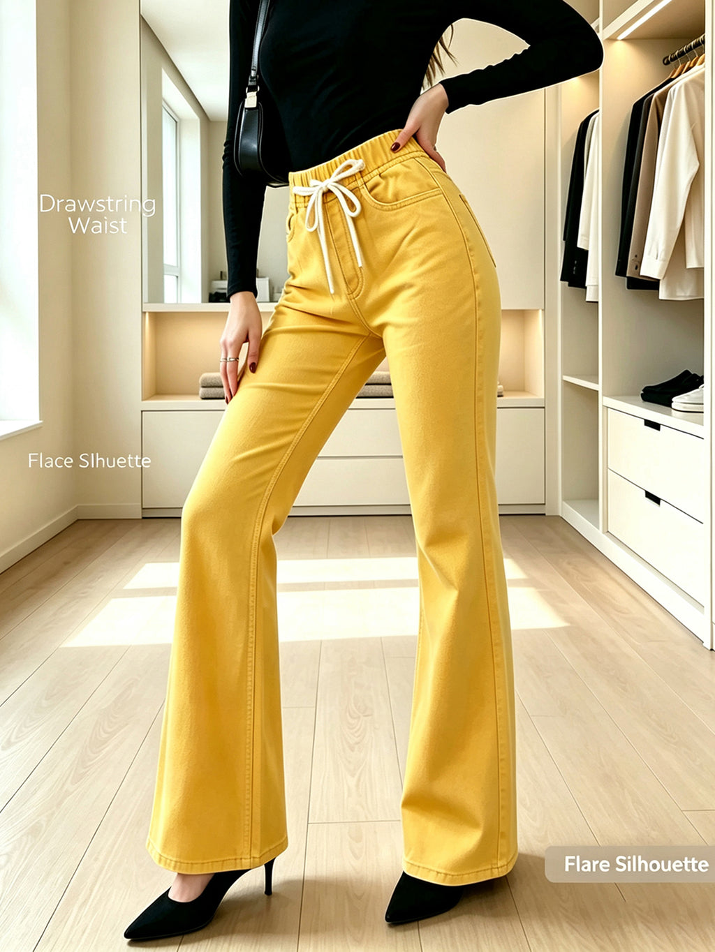 High Waist Drawstring Flare Pants for Women, Solid Yellow Bell Bottom Trousers