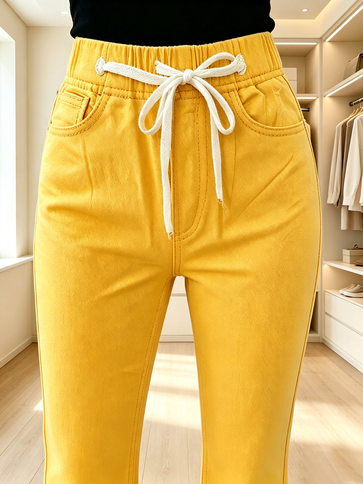 High Waist Drawstring Flare Pants for Women, Solid Yellow Bell Bottom Trousers