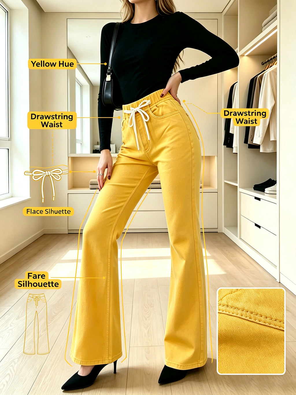High Waist Drawstring Flare Pants for Women, Solid Yellow Bell Bottom Trousers