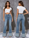> `High Waist Color Block Cuff Flared Jeans for Women, Stretch Denim Bell Bottom Pants`