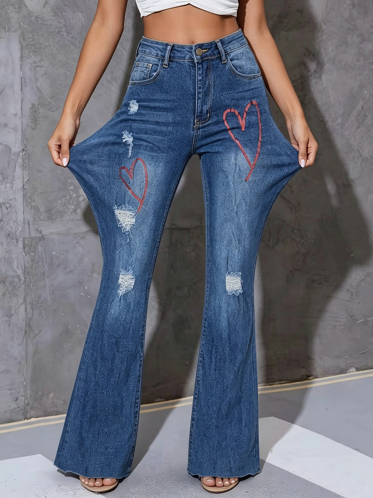 Women High Waist Heart Print Distressed Flare Denim Jeans, Stretch Bootcut Pants