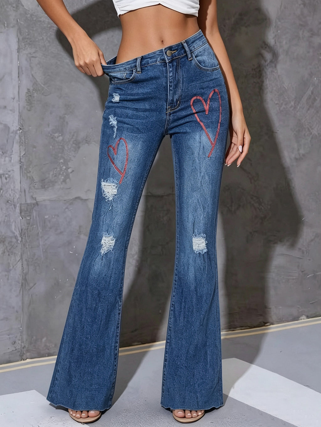 Women High Waist Heart Print Distressed Flare Denim Jeans, Stretch Bootcut Pants