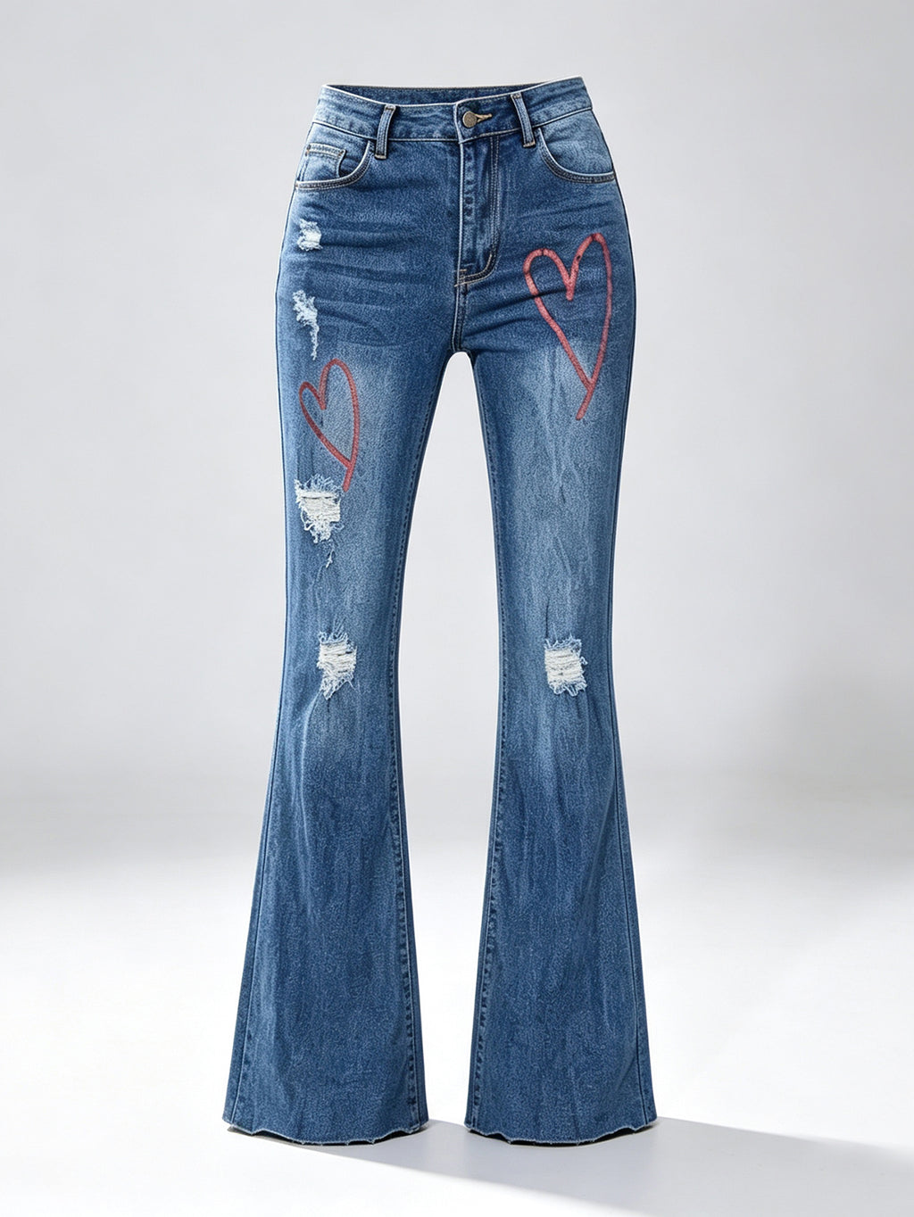 Women High Waist Heart Print Distressed Flare Denim Jeans, Stretch Bootcut Pants