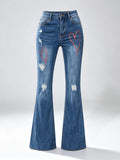 Women High Waist Heart Print Distressed Flare Denim Jeans, Stretch Bootcut Pants