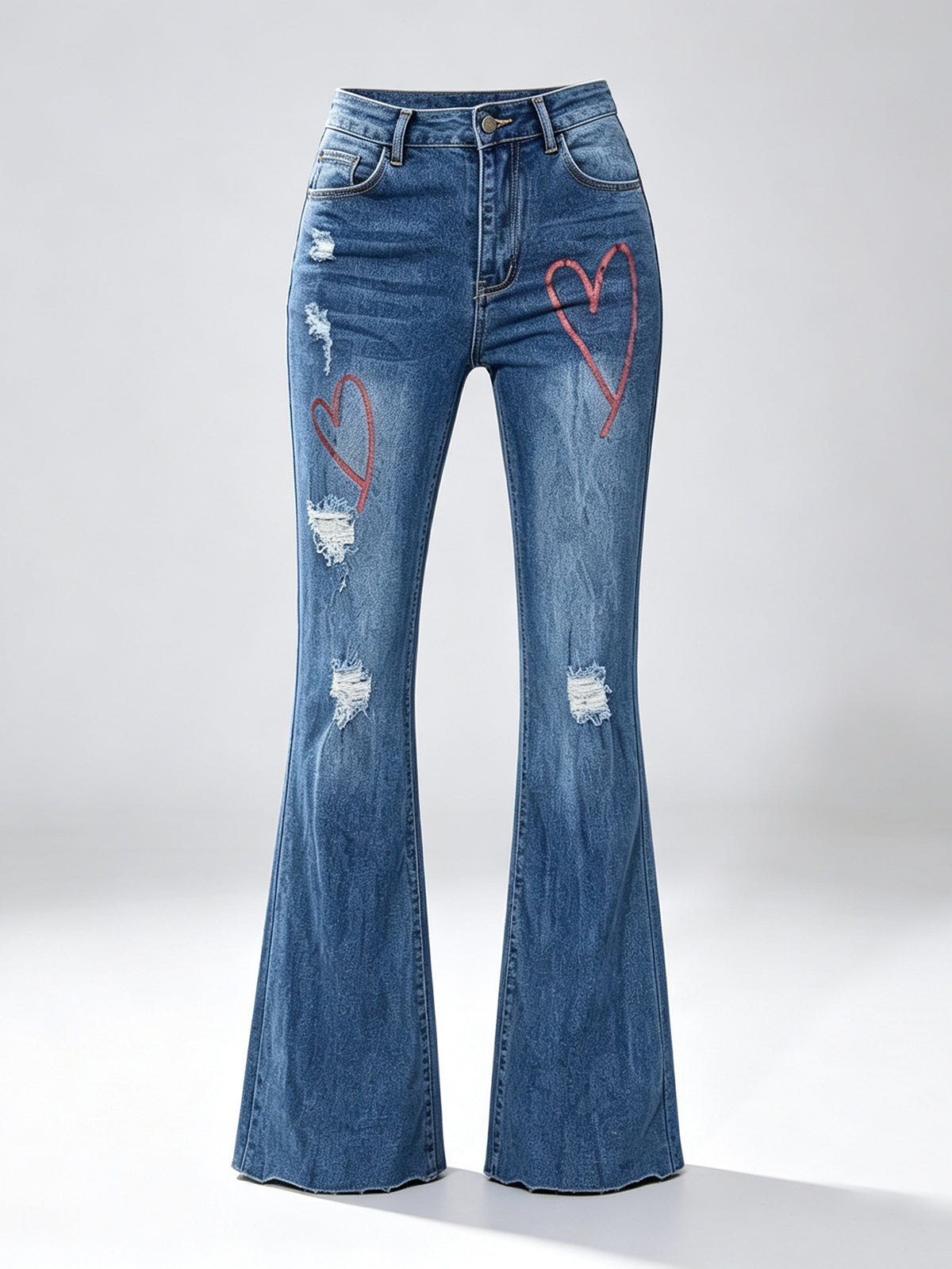 Women High Waist Heart Print Distressed Flare Denim Jeans, Stretch Bootcut Pants