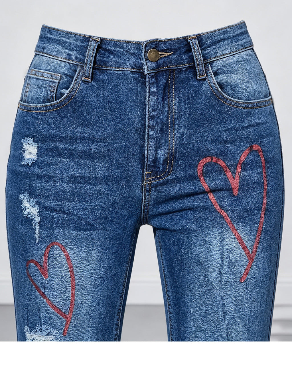 Women High Waist Heart Print Distressed Flare Denim Jeans, Stretch Bootcut Pants