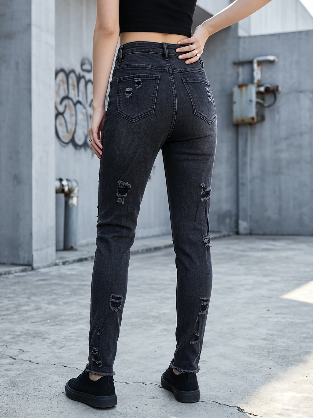 Women's High Waist Ripped Skinny Jeans, Stretch Distressed Black Gray Denim Pants for Daily Street Wear