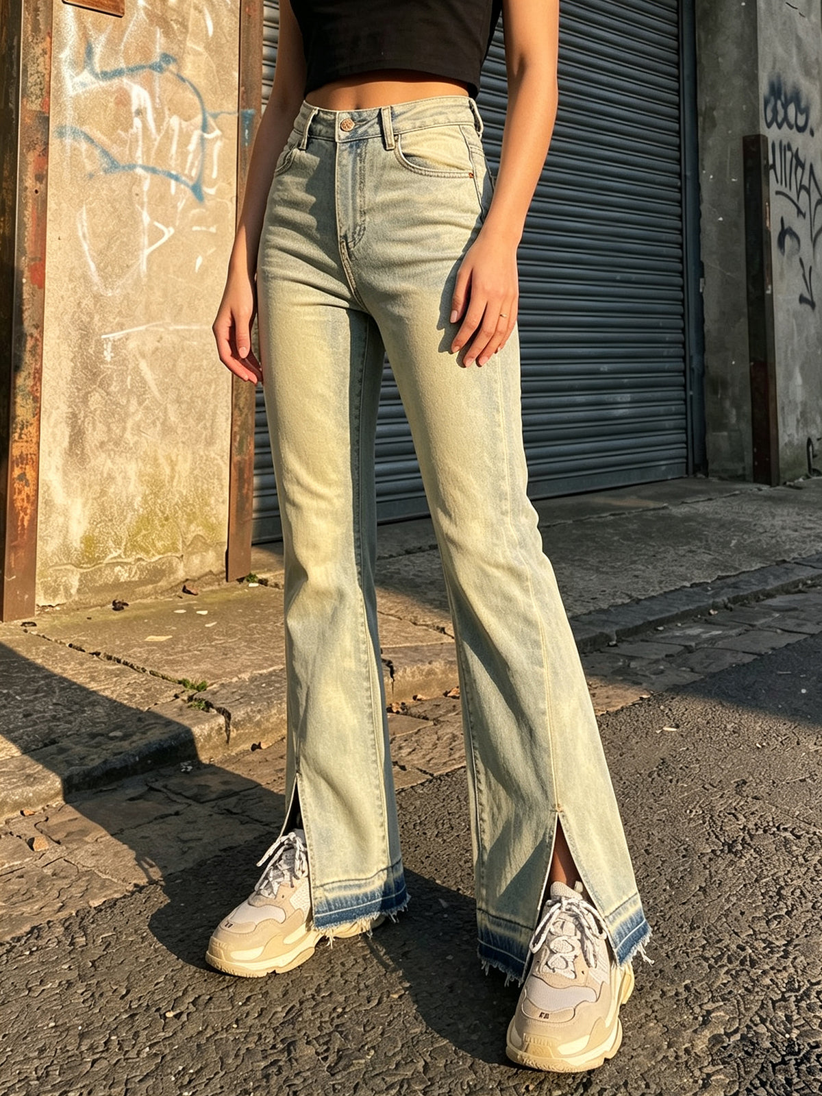 Women High Waist Split Hem Flare Jeans Light Wash Stretch Denim Bootcut Pants