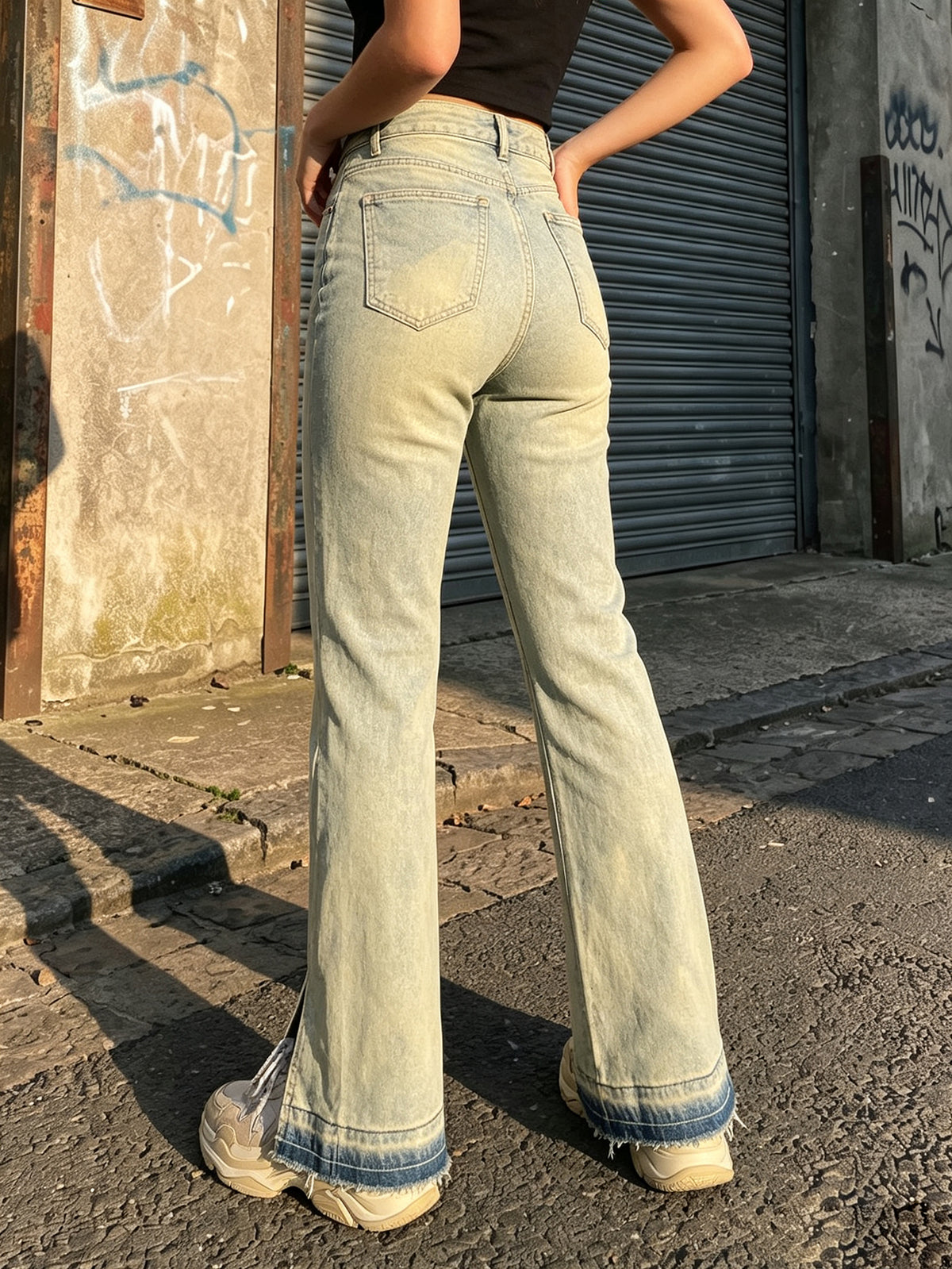 Women High Waist Split Hem Flare Jeans Light Wash Stretch Denim Bootcut Pants