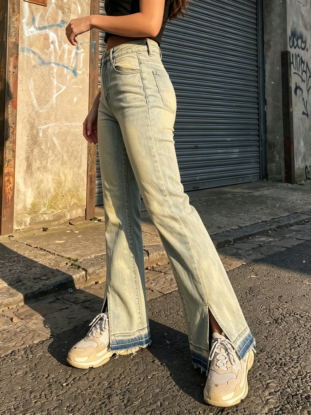 Women High Waist Split Hem Flare Jeans Light Wash Stretch Denim Bootcut Pants