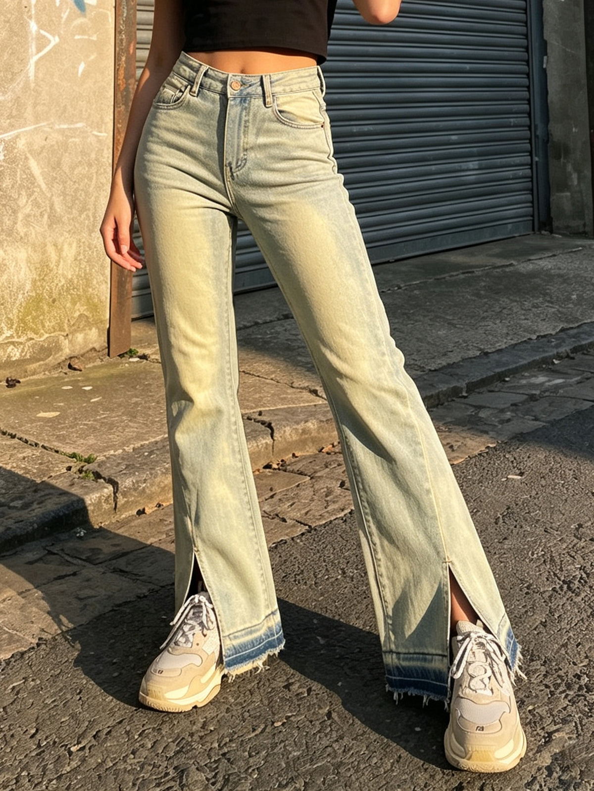 Women High Waist Split Hem Flare Jeans Light Wash Stretch Denim Bootcut Pants