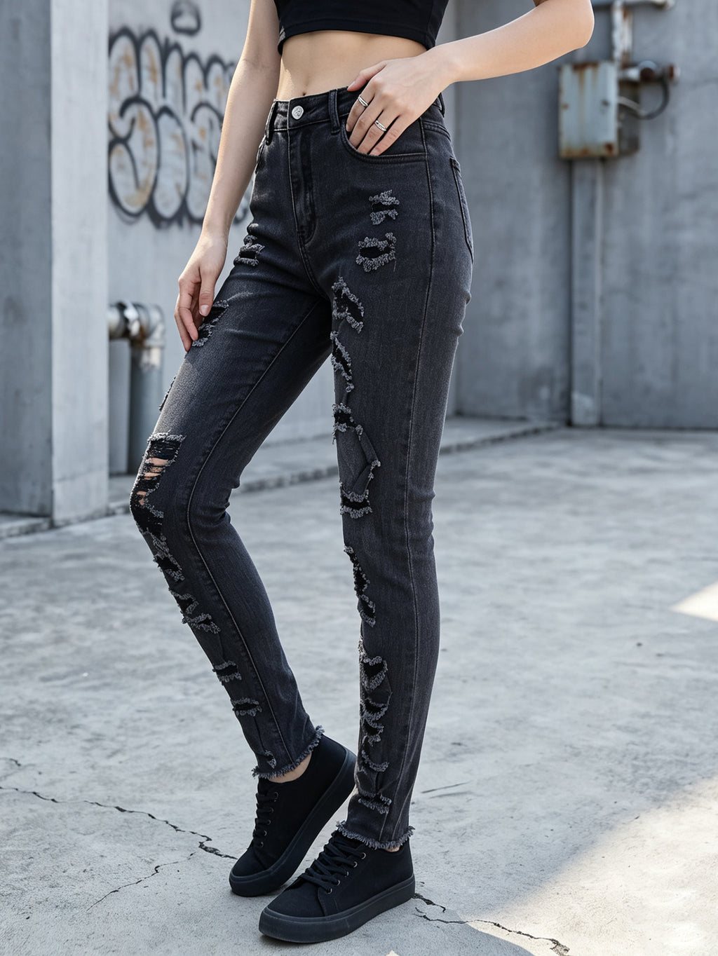 Women's High Waist Ripped Skinny Jeans, Stretch Distressed Black Gray Denim Pants for Daily Street Wear