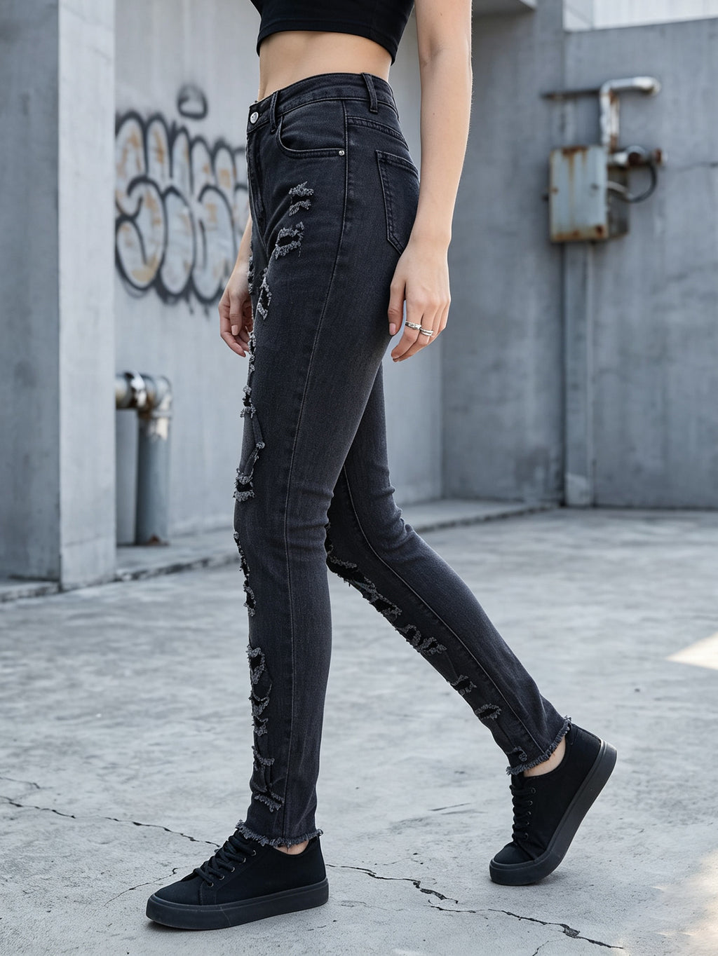 Women's High Waist Ripped Skinny Jeans, Stretch Distressed Black Gray Denim Pants for Daily Street Wear
