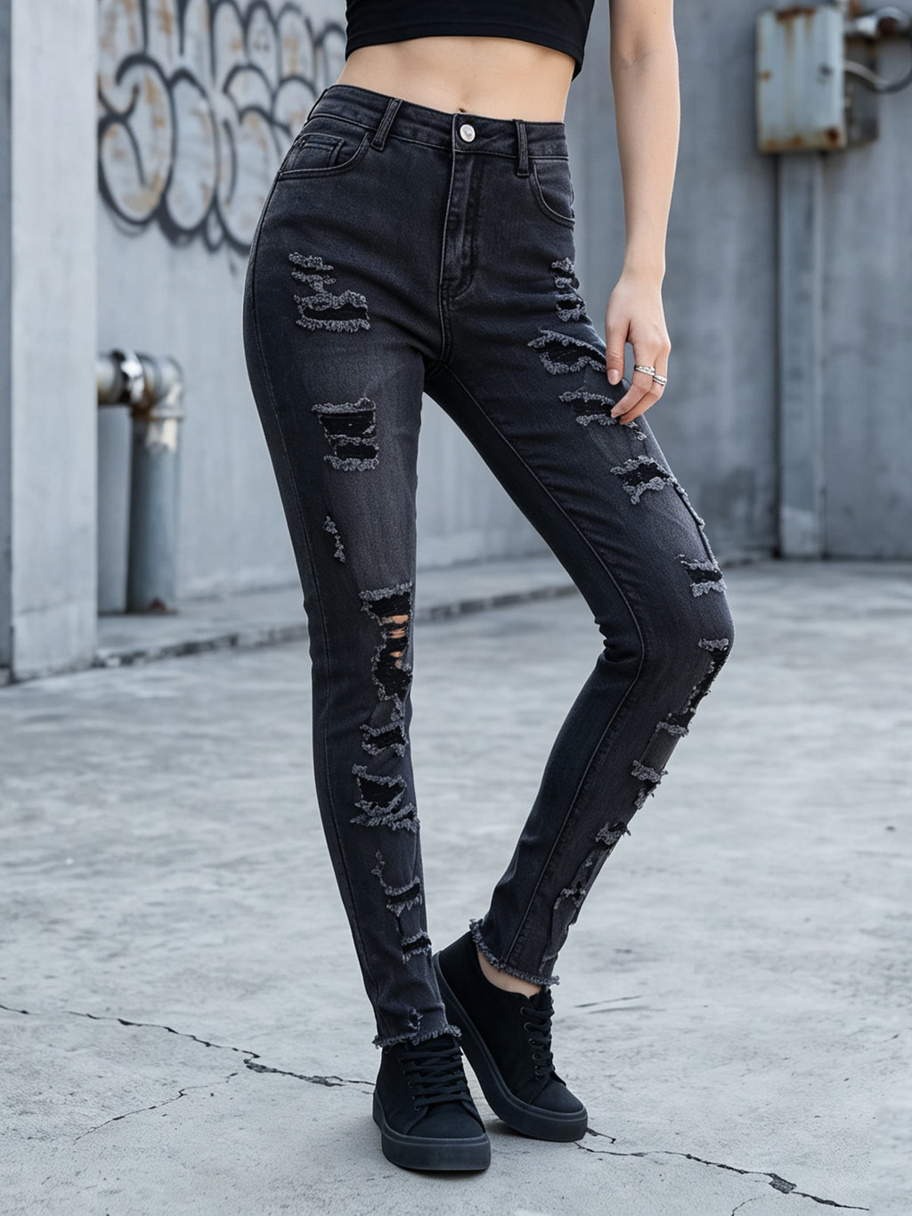 Women's High Waist Ripped Skinny Jeans, Stretch Distressed Black Gray Denim Pants for Daily Street Wear