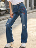 High Waist Ripped Heart Print Flare Denim Jeans, Stretch Bootcut Pants for Women