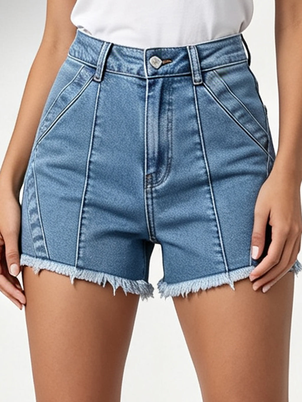 Women High Waist Denim Shorts Raw Frayed Hem Seam Detail Stretch Jean Shorts Casual Streetwear
