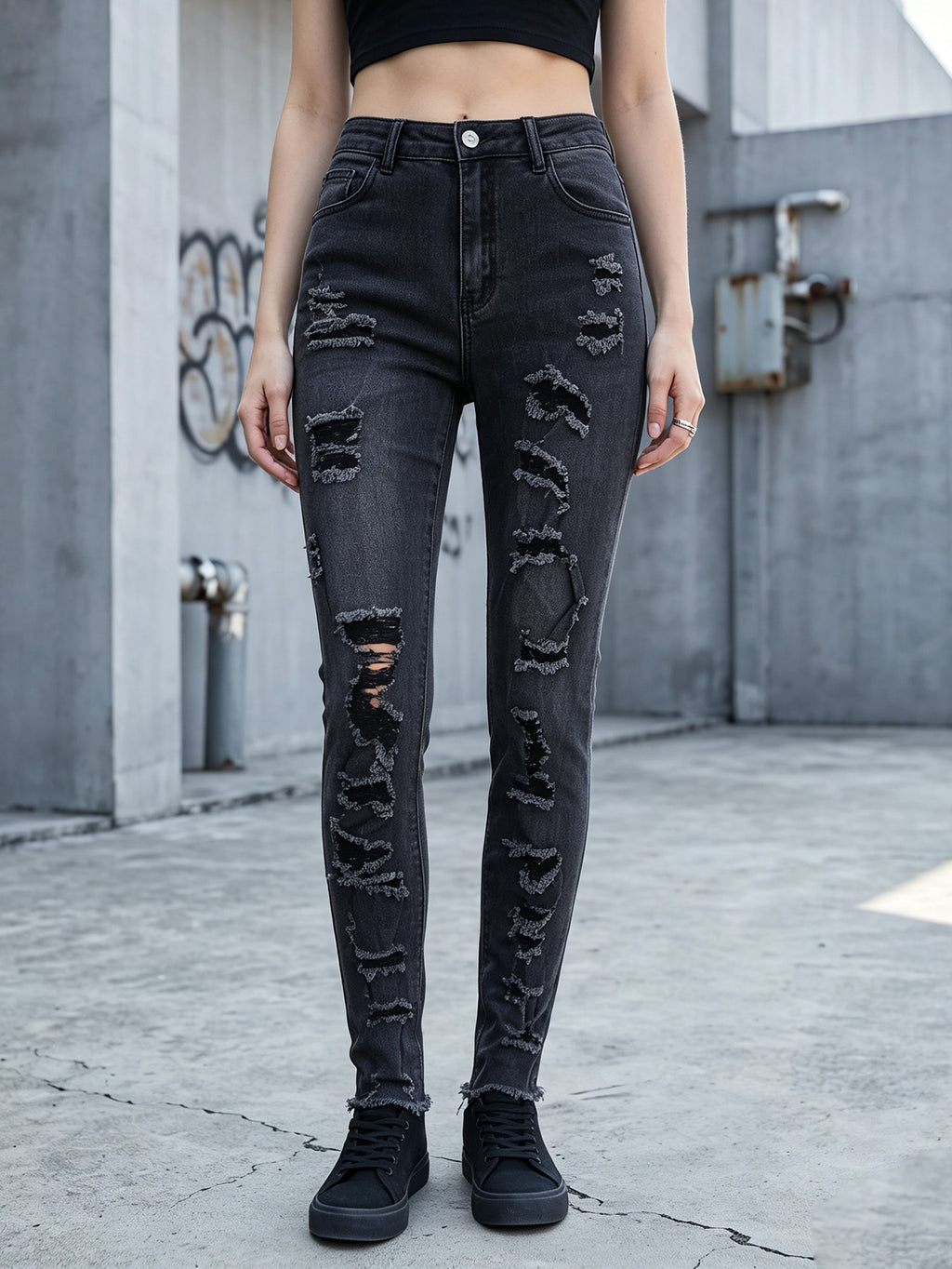 Women's High Waist Ripped Skinny Jeans, Stretch Distressed Black Gray Denim Pants for Daily Street Wear