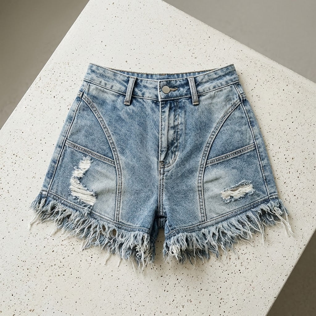 High Waist Frayed Hem Ripped Denim Shorts Women Summer Fringe Distressed Jean Hot Pants