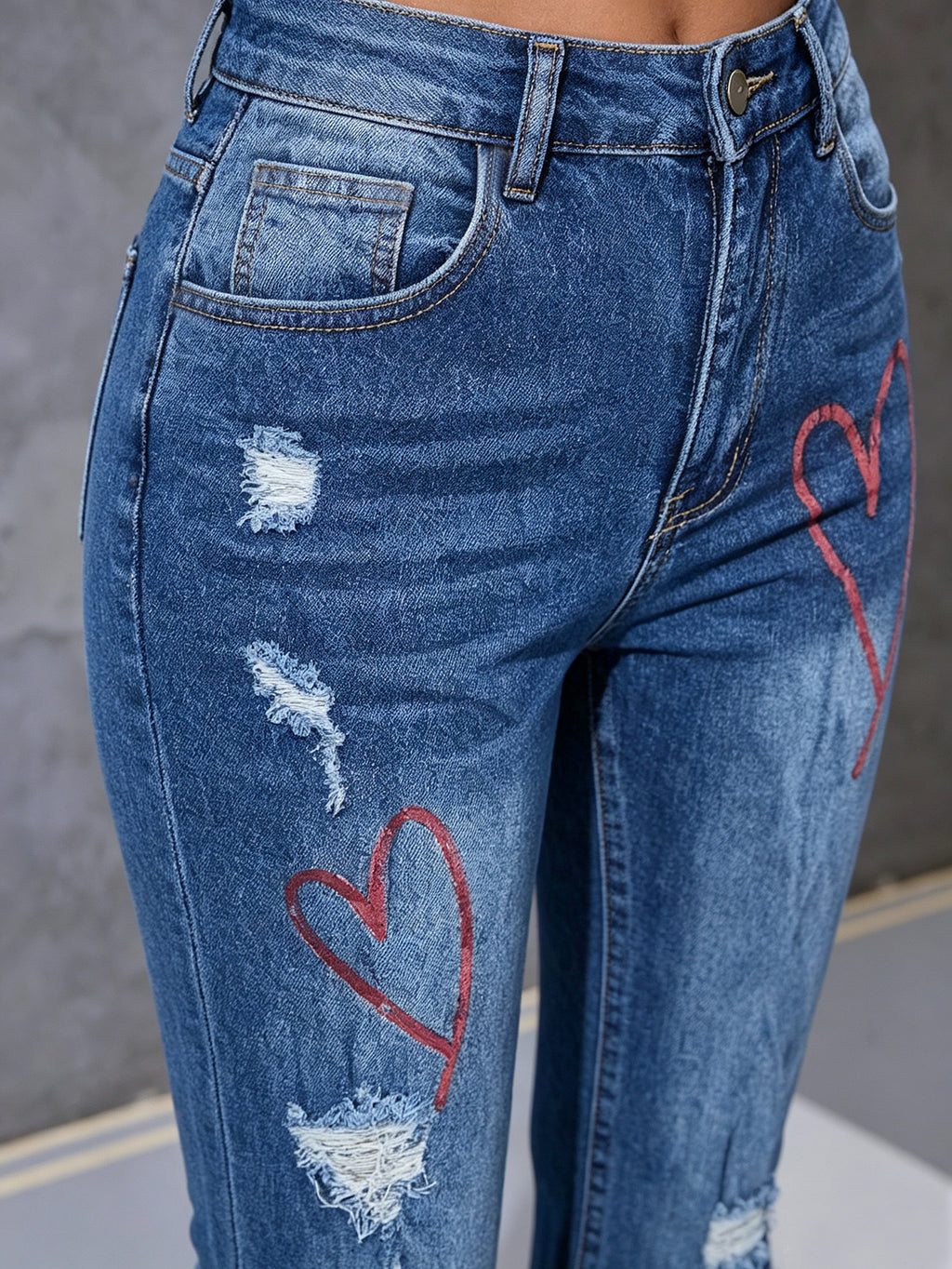 Women High Waist Heart Print Distressed Flare Denim Jeans, Stretch Bootcut Pants