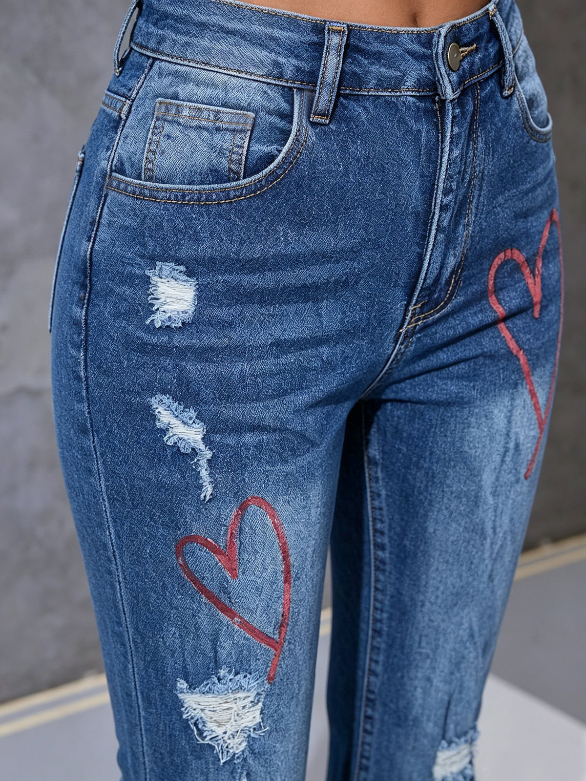 Women High Waist Heart Print Distressed Flare Denim Jeans, Stretch Bootcut Pants