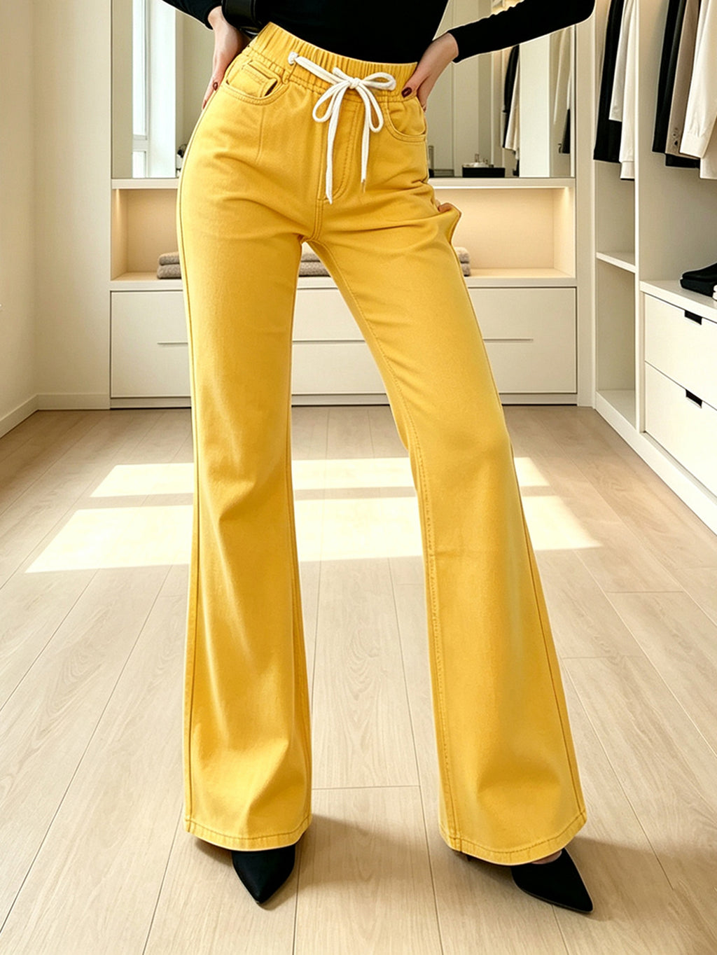 High Waist Drawstring Flare Pants for Women, Solid Yellow Bell Bottom Trousers