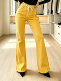 High Waist Drawstring Flare Pants for Women, Solid Yellow Bell Bottom Trousers