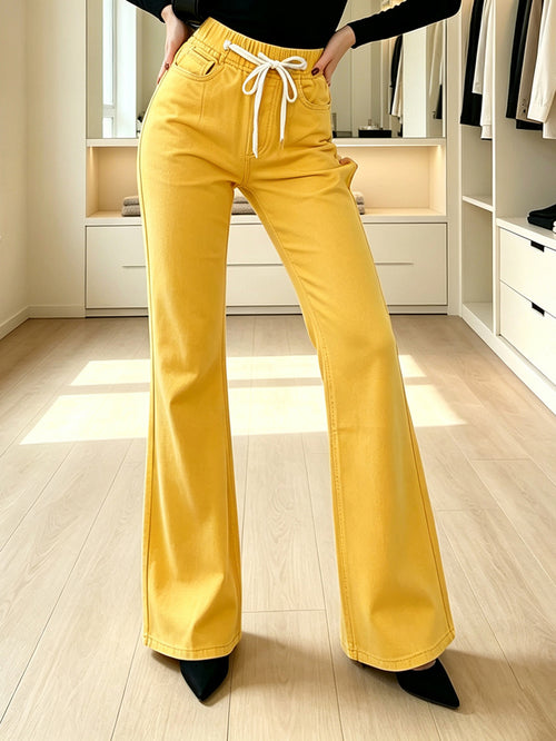 High Waist Drawstring Flare Pants for Women, Solid Yellow Bell Bottom Trousers
