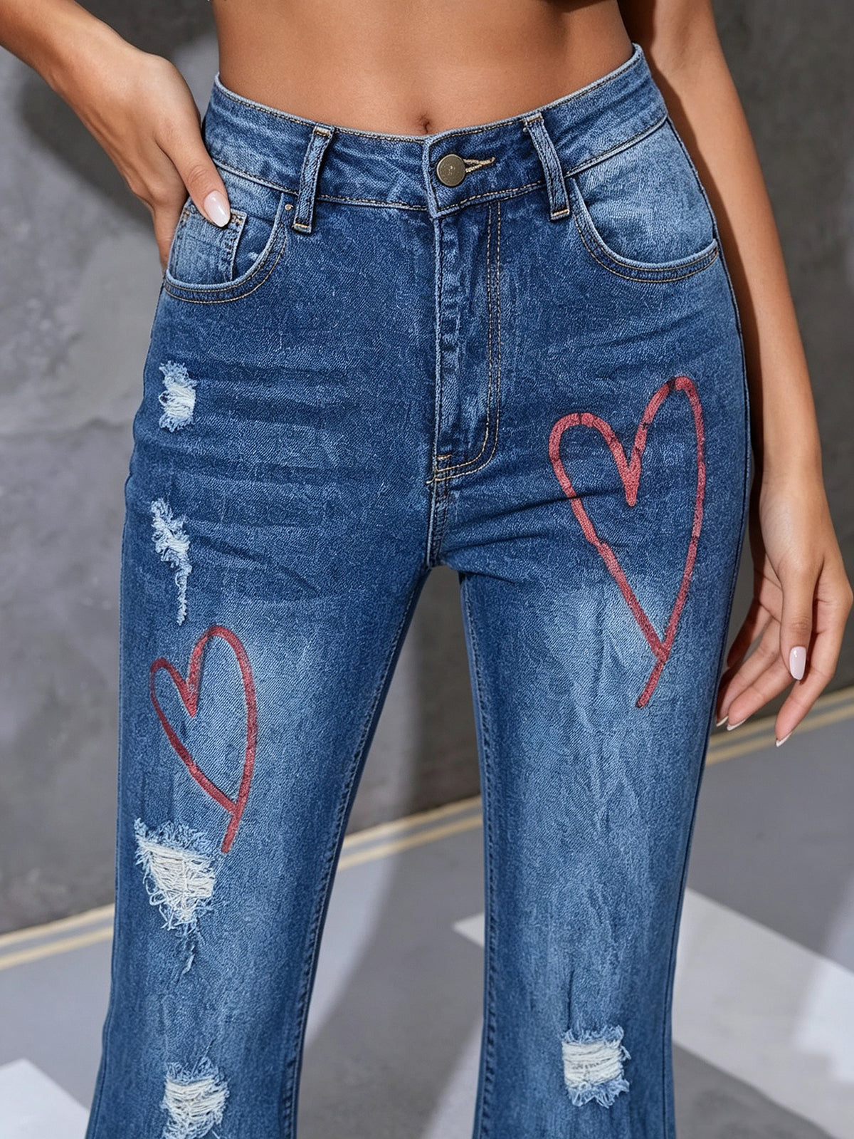 Women High Waist Heart Print Distressed Flare Denim Jeans, Stretch Bootcut Pants