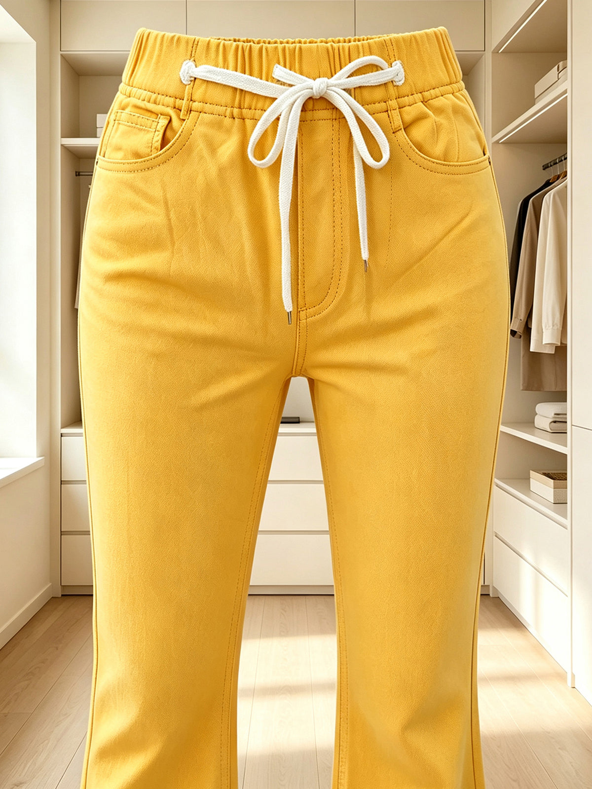 High Waist Drawstring Flare Pants for Women, Solid Yellow Bell Bottom Trousers