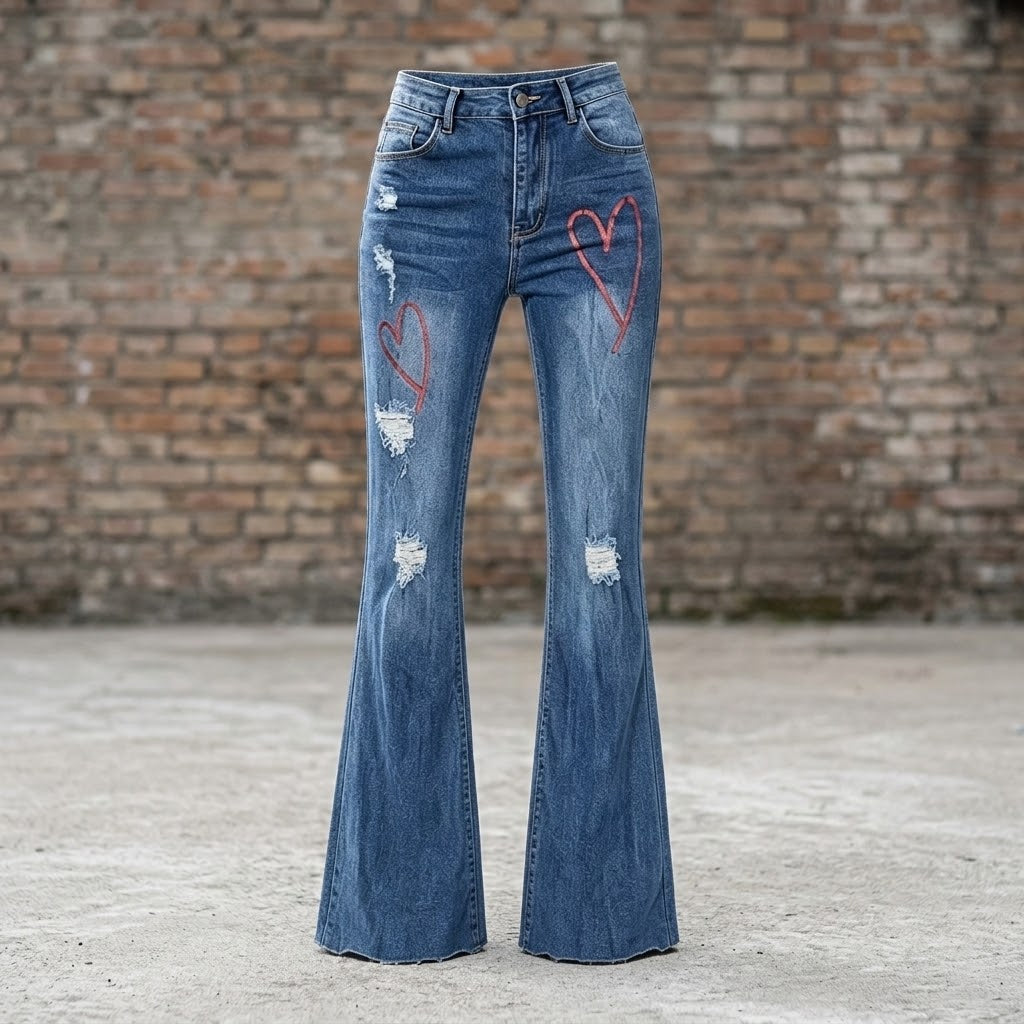 Women High Waist Heart Print Distressed Flare Denim Jeans, Stretch Bootcut Pants
