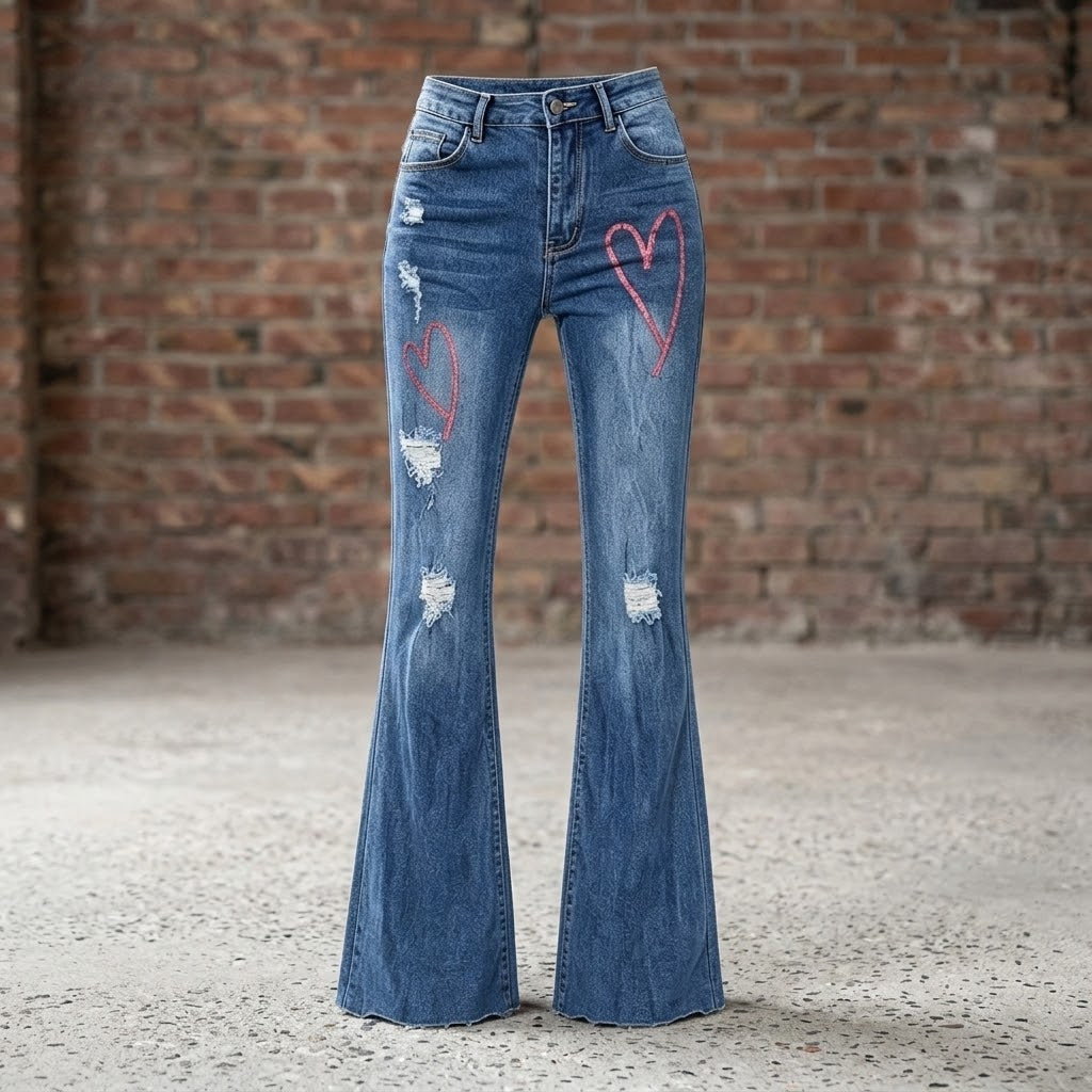 Women High Waist Heart Print Distressed Flare Denim Jeans, Stretch Bootcut Pants