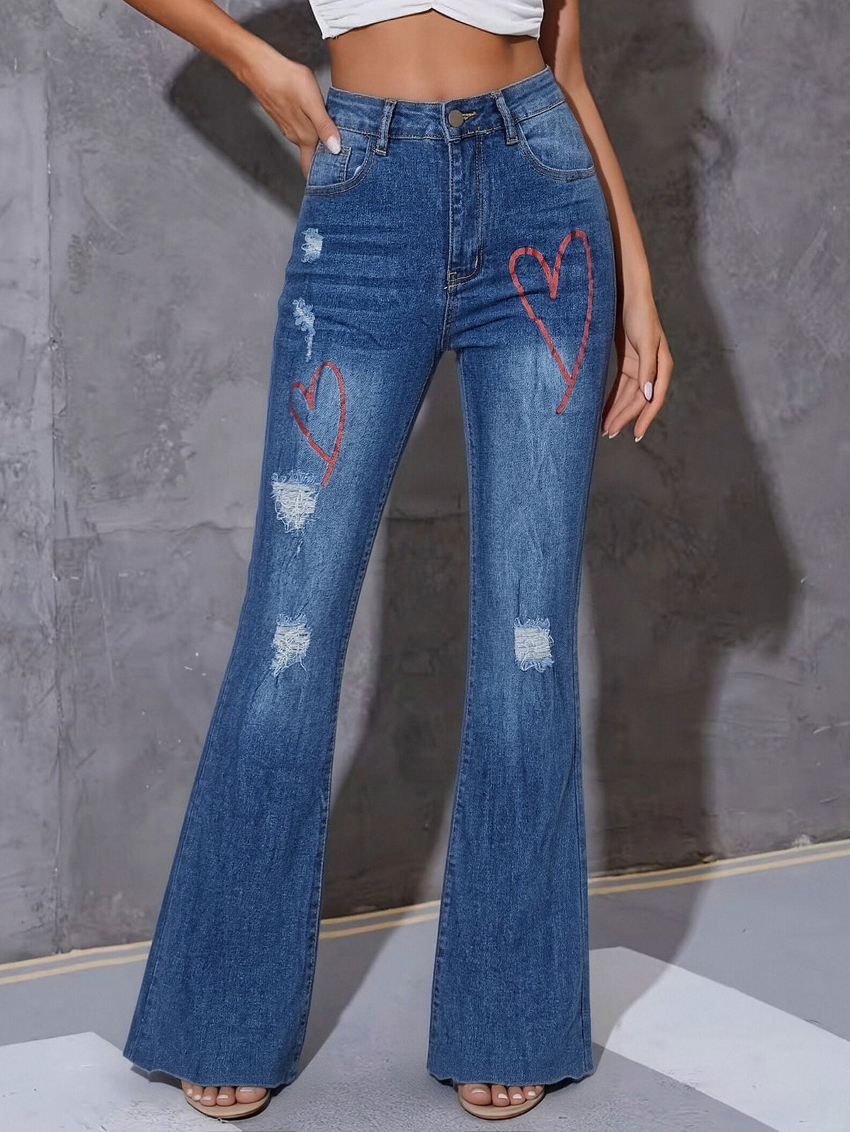Women High Waist Heart Print Distressed Flare Denim Jeans, Stretch Bootcut Pants