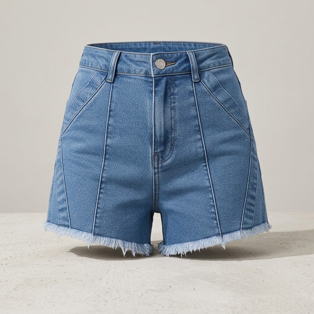 Women High Waist Denim Shorts Raw Frayed Hem Seam Detail Stretch Jean Shorts Casual Streetwear