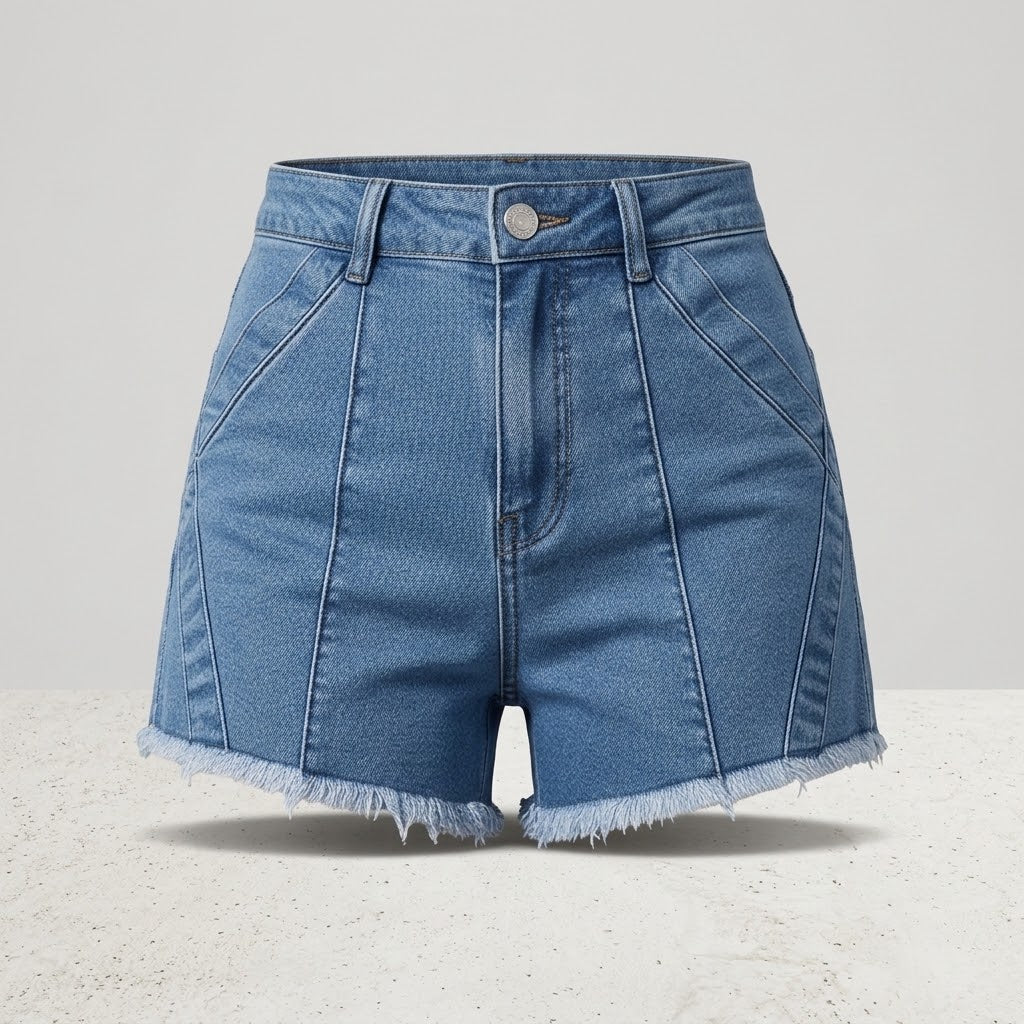 Women High Waist Denim Shorts Raw Frayed Hem Seam Detail Stretch Jean Shorts Casual Streetwear