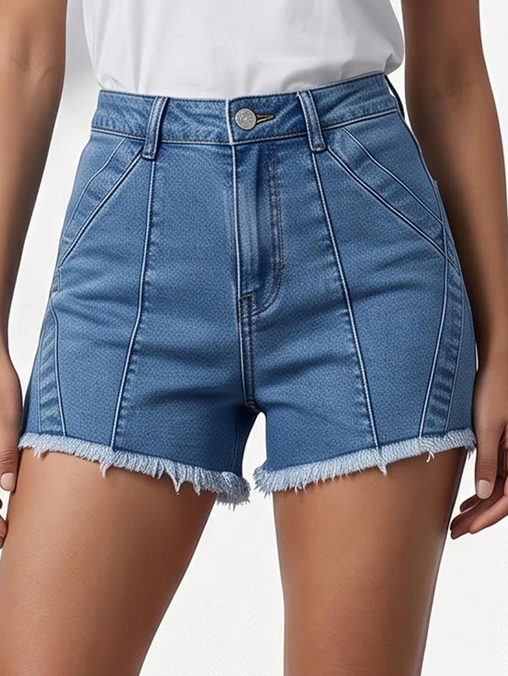 Women High Waist Denim Shorts Raw Frayed Hem Seam Detail Stretch Jean Shorts Casual Streetwear