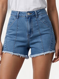 Women High Waist Denim Shorts Raw Frayed Hem Seam Detail Stretch Jean Shorts Casual Streetwear
