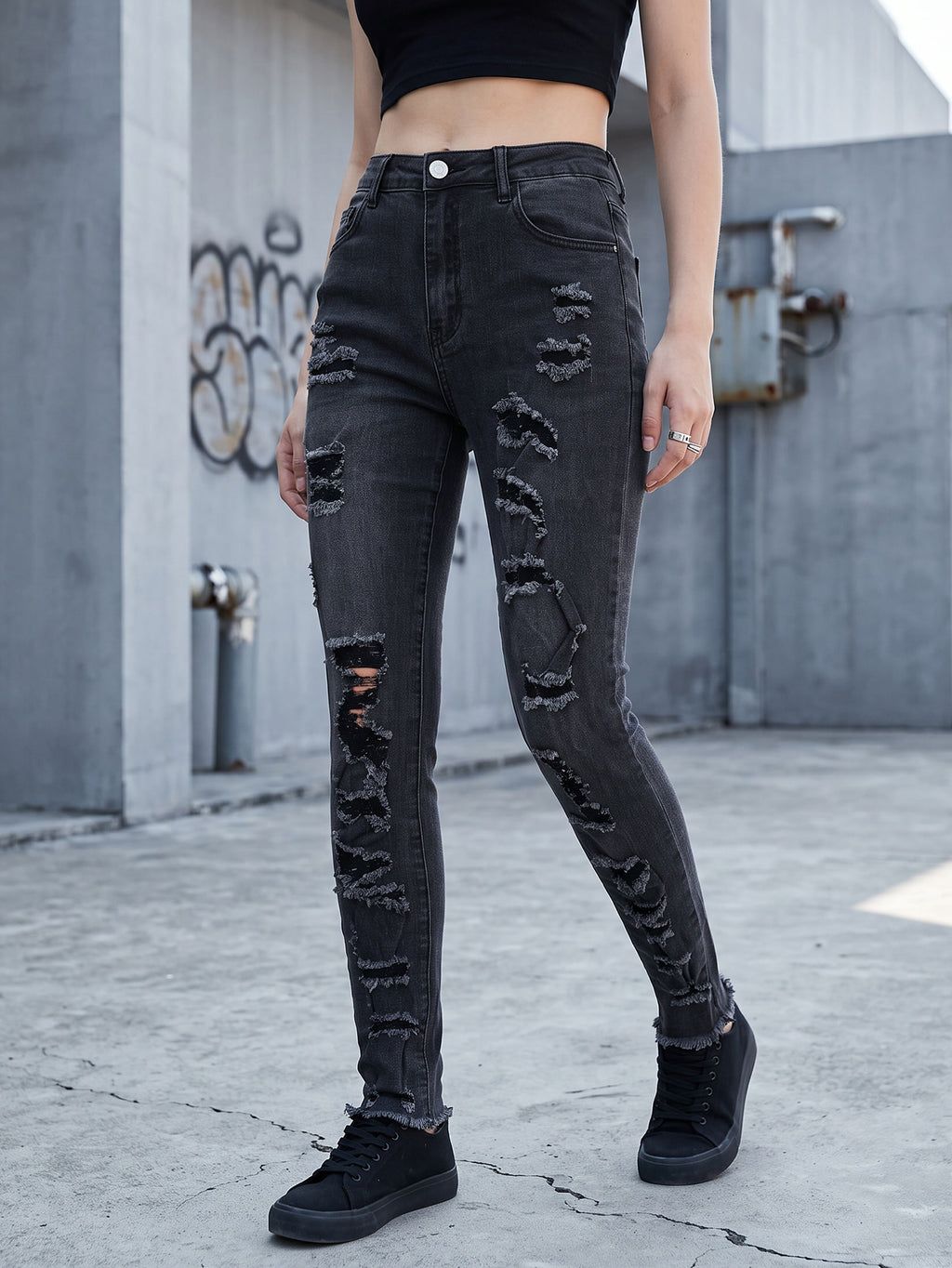 Women's High Waist Ripped Skinny Jeans, Stretch Distressed Black Gray Denim Pants for Daily Street Wear