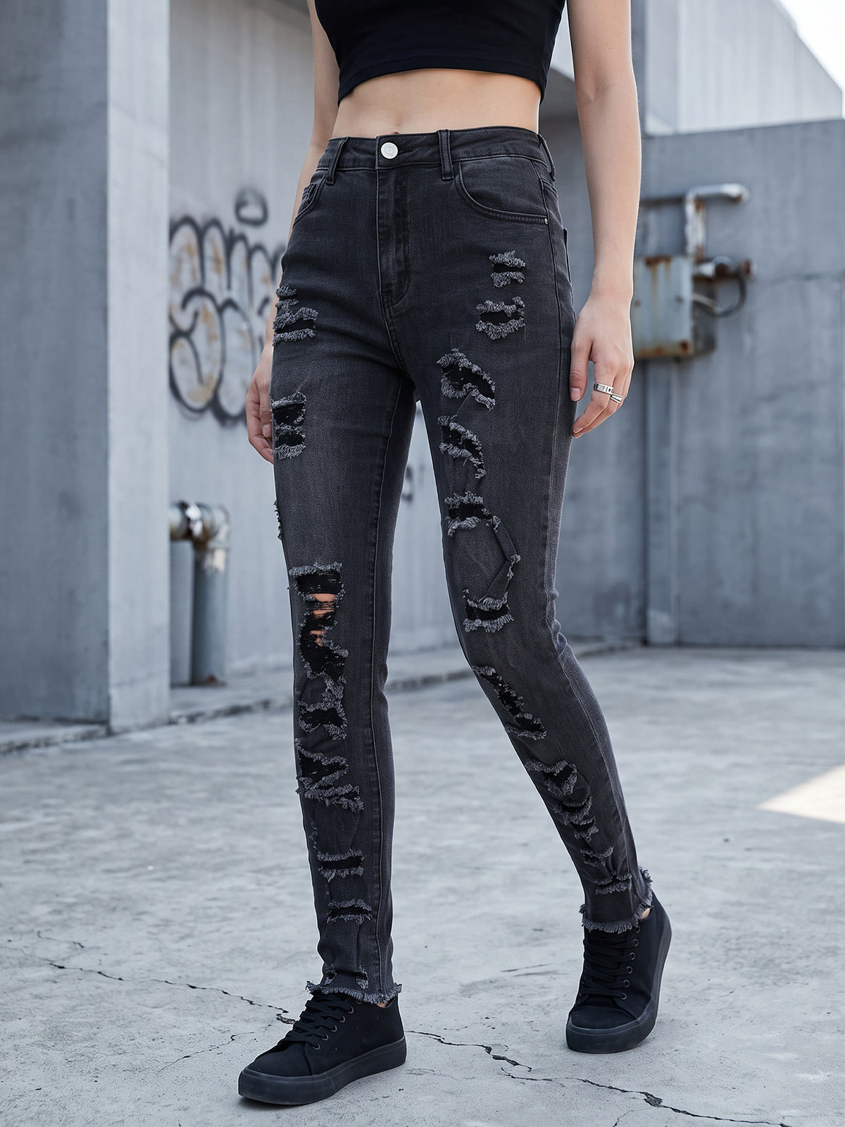 Women's High Waist Ripped Skinny Jeans, Stretch Distressed Black Gray Denim Pants for Daily Street Wear