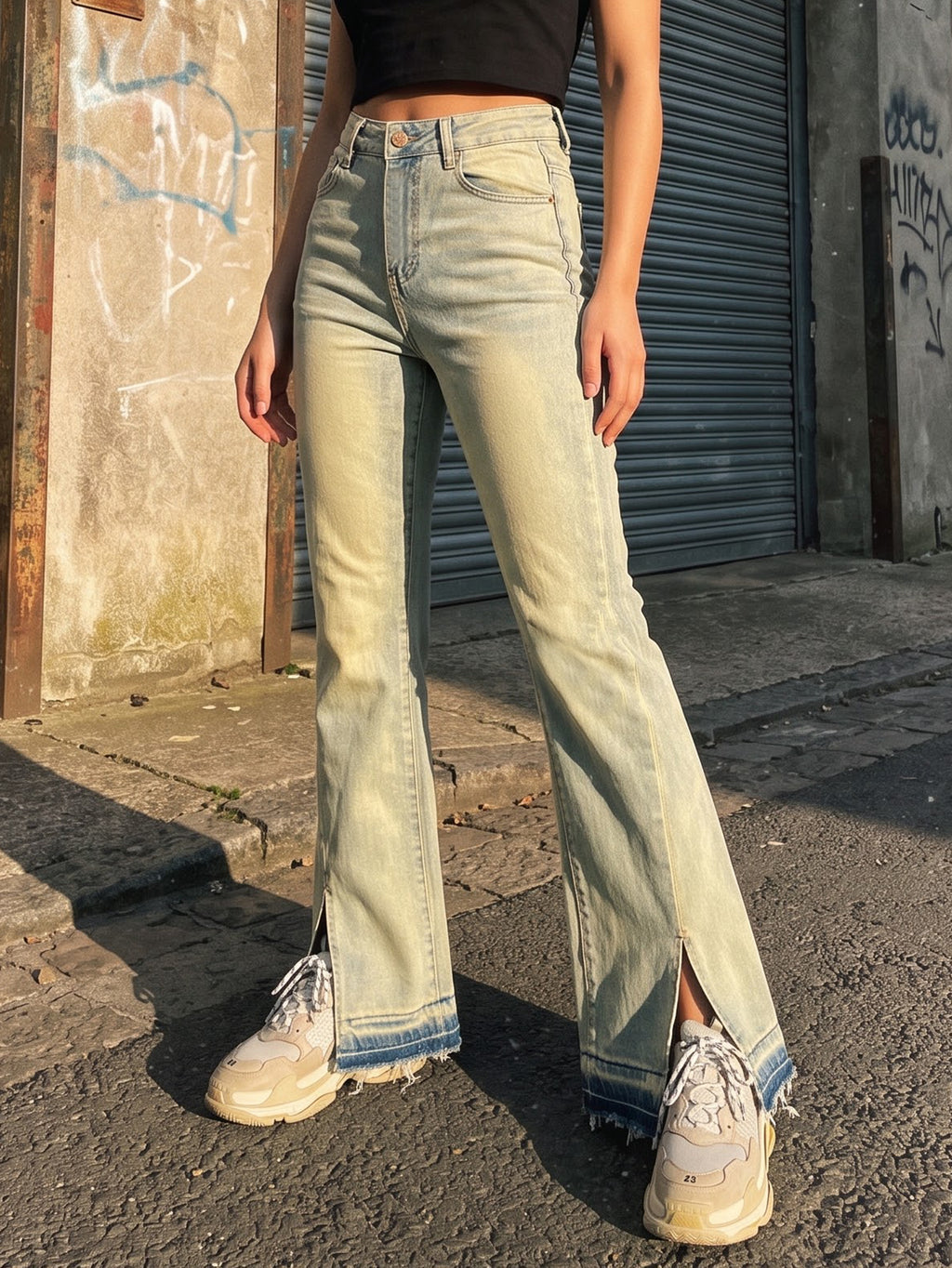 Women High Waist Split Hem Flare Jeans Light Wash Stretch Denim Bootcut Pants