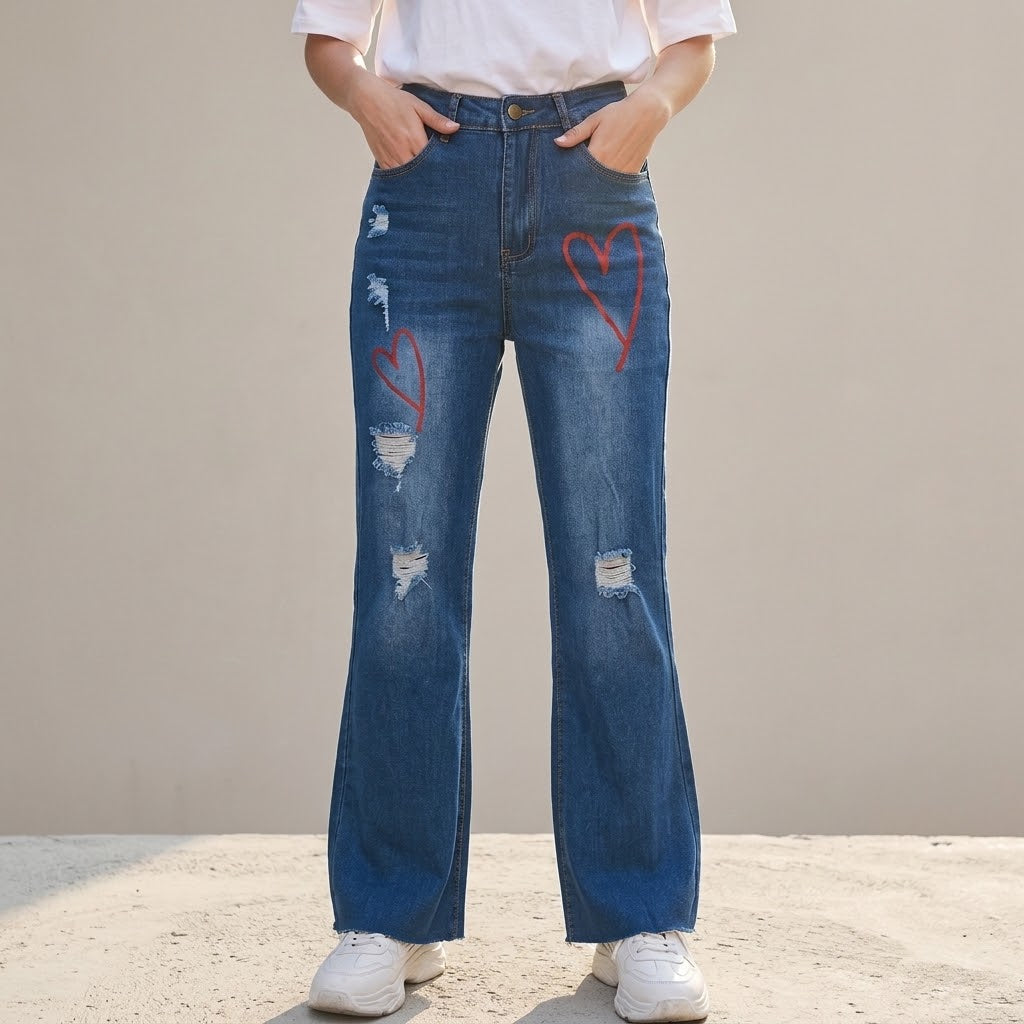 High Waist Ripped Heart Print Flare Denim Jeans, Stretch Bootcut Pants for Women