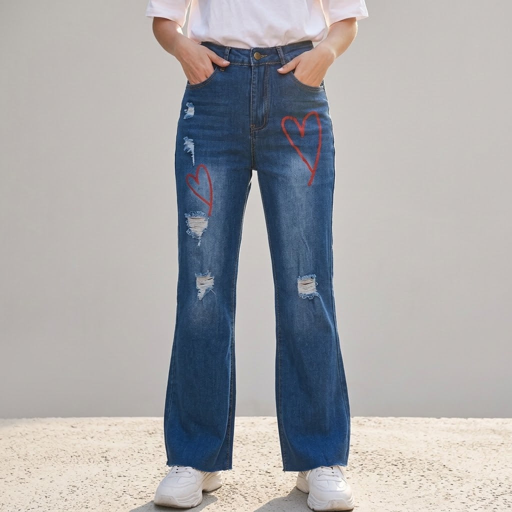 High Waist Ripped Heart Print Flare Denim Jeans, Stretch Bootcut Pants for Women