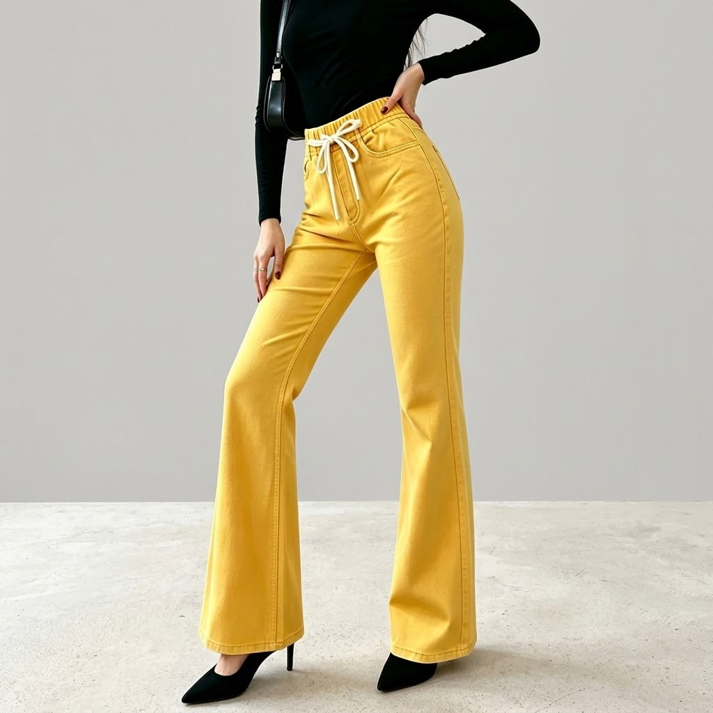 High Waist Drawstring Flare Pants for Women, Solid Yellow Bell Bottom Trousers