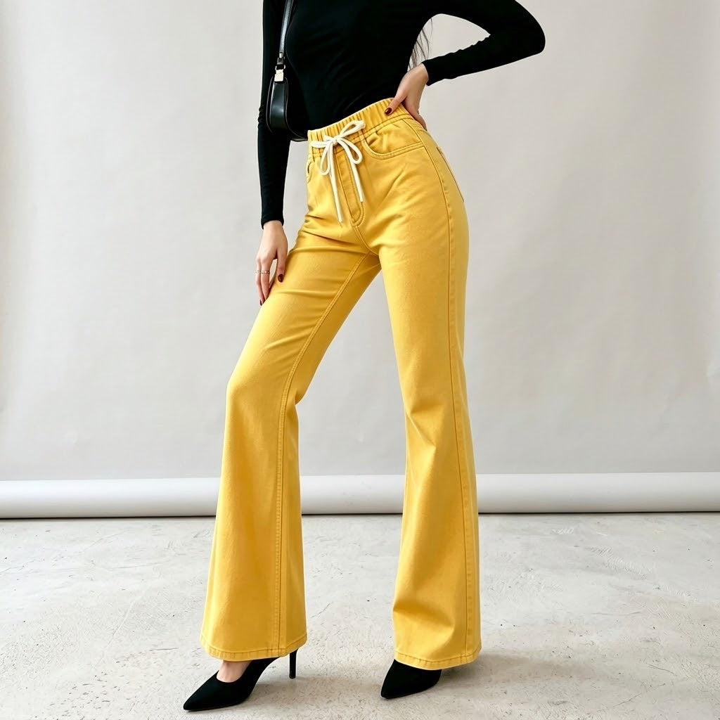 High Waist Drawstring Flare Pants for Women, Solid Yellow Bell Bottom Trousers