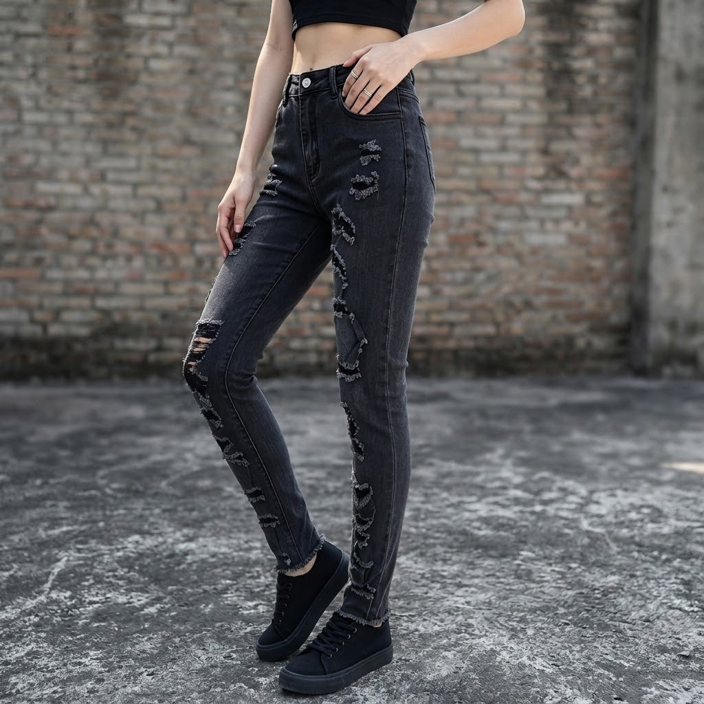 Women's High Waist Ripped Skinny Jeans, Stretch Distressed Black Gray Denim Pants for Daily Street Wear