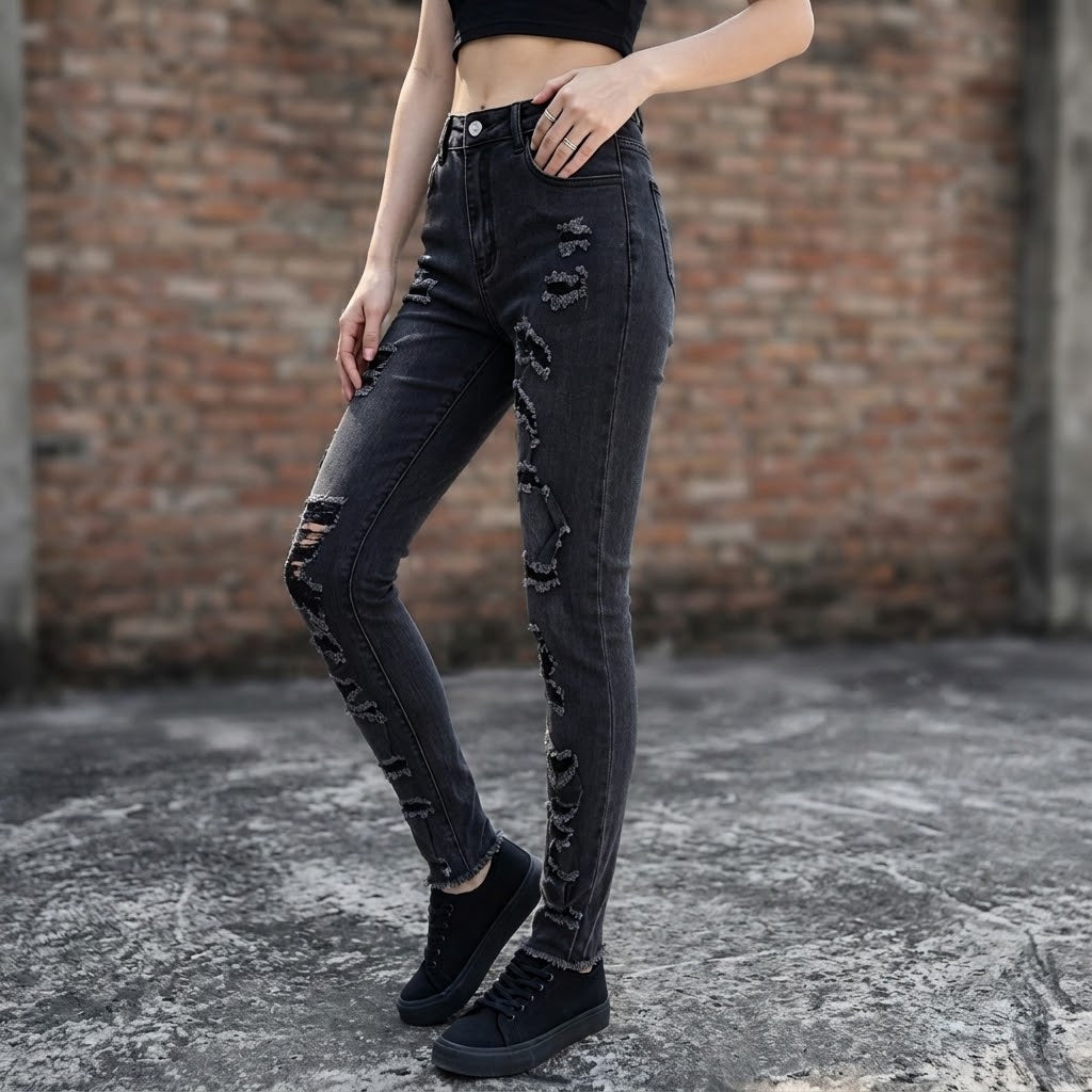Women's High Waist Ripped Skinny Jeans, Stretch Distressed Black Gray Denim Pants for Daily Street Wear